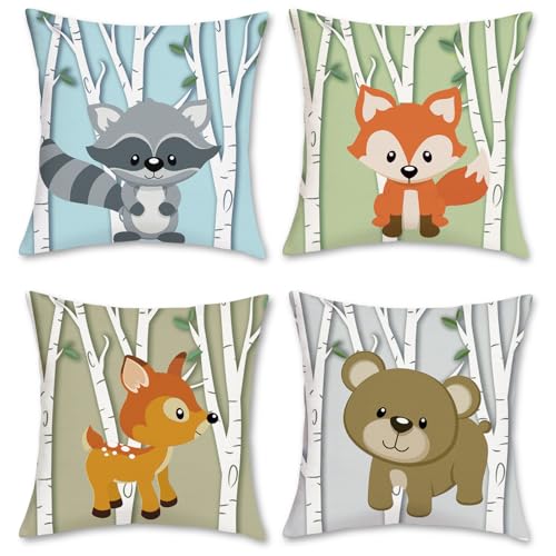 Bonhause 4er Set Kissenbezüge Waldtiere 45 x 45 cm Fuchs Tiere Birke Baum Polyester Leinen Dekorative Kissenhülle Zierkissenbezüge für Sofa Schlafzimmer Wohnzimmer Kinder Zuhause Dekoration von Bonhause