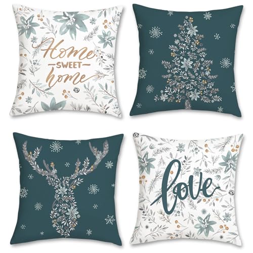 Bonhause 4er Set Kissenbezüge Winter 45 x 45 cm Samt Soft Blumen Blätter Graue Dekorative Kissenhülle Zierkissenbezüge für Sofa Schlafzimmer Wohnzimmer Zuhause Winter Dekoration von Bonhause