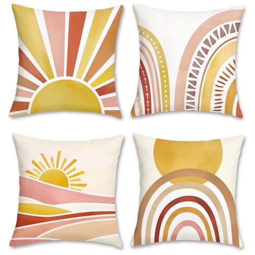 Bonhause 4er Set Kissenbezüge Abstrakte Boho 45 x 45 cm Boho Sonne Regenbogen Dekorative Kissenhülle Zierkissenbezüge für Sofa Schlafzimmer Wohnzimmer Zuhause Dekoration von Bonhause