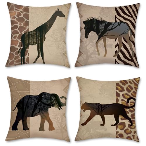 Bonhause 4er Set Kissenbezüge Afrikanische Tier Leopard 40 x 40 cm Doppelseitig Giraffe Zebra Polyester Leinen Dekorative Kissenhülle Zierkissenbezüge für Sofa Wohnzimmer Zuhause Dekoration von Bonhause