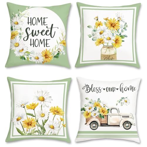 Bonhause 4er Set Kissenbezüge Blumen Frühling 45 x 45 cm Home Sweet Home Blume LKW Bauernhaus Dekorative Kissenhülle Zierkissenbezüge für Sofa Zuhause Garten Frühling Dekoration von Bonhause