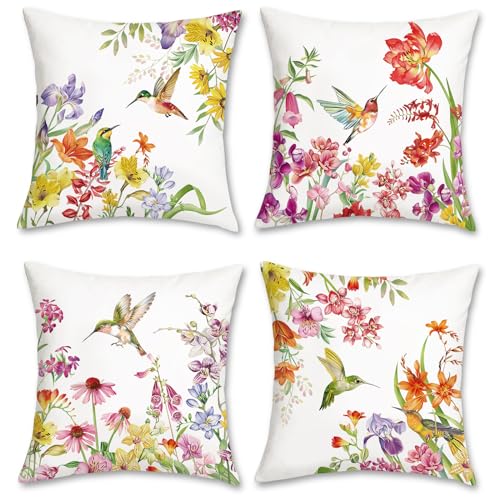 Bonhause 4er Set Kissenbezüge Frühling Blume Vogel 45 x 45 cm Bunte Blumen Kolibris Dekorative Kissenhülle Zierkissenbezüge für Sofa Schlafzimmer Zuhause Garten Dekoration von Bonhause