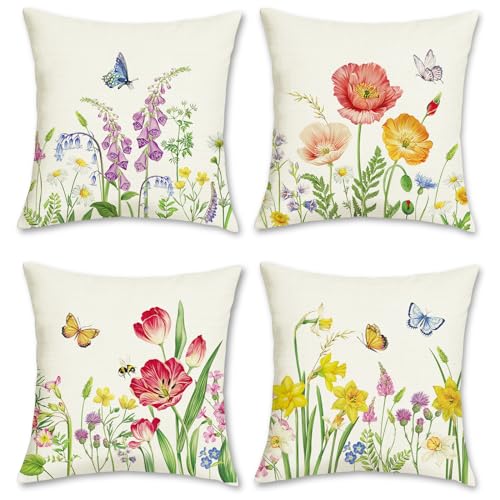 Bonhause 4er Set Kissenbezüge Blumen 45 x 45 cm Blume Garten Schmetterlinge Polyester Leinen Dekorative Kissenhülle Zierkissenbezüge für Sofa Schlafzimmer Wohnzimmer Zuhause Dekoration von Bonhause