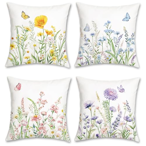 Bonhause 4er Set Kissenbezüge Frühling Blumen 45 x 45 cm Bunt Garten Blume Schmetterlinge Dekorative Kissenhülle Zierkissenbezüge für Sofa Schlafzimmer Zuhause Garten Dekoration von Bonhause