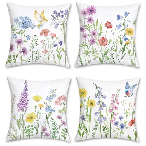 Bonhause 4er Set Kissenbezüge Blumen 45 x 45 cm Garten Blume Vögel Samt Soft Dekorative Kissenhülle Zierkissenbezüge für Sofa Zuhause Garten Dekoration von Bonhause