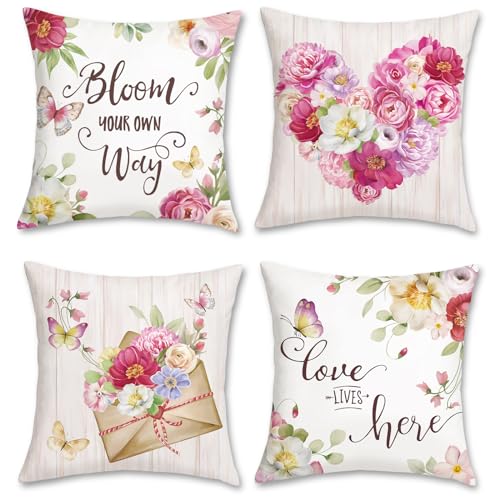 Bonhause 4er Set Kissenbezüge Blumen 45 x 45 cm Rosa Liebesherz Blüten Dekorative Kissenhülle Muttertag Zierkissenbezüge für Sofa Zuhause Garten Geschenk zum Muttergeburtstag von Bonhause