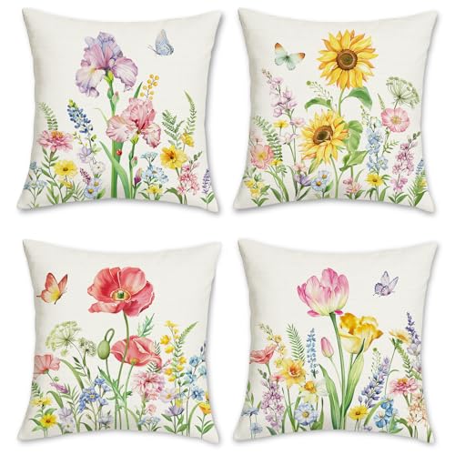 Bonhause 4er Set Kissenbezüge Blumen 45 x 45 cm Tulpen Iris Sonnenblume Mohn Polyester Leinen Dekorative Kissenhülle Zierkissenbezüge für Zuhause Garten Outdoor Dekoration von Bonhause