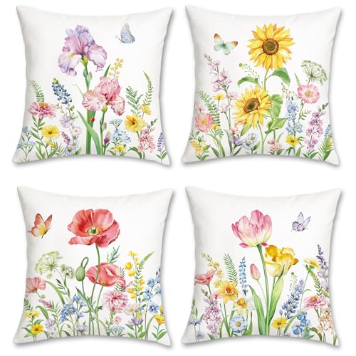 Bonhause 4er Set Kissenbezüge Blumen 45 x 45 cm Tulpen Iris Sonnenblume Mohn Samt Soft Dekorative Kissenhülle Zierkissenbezüge für Zuhause Garten Dekoration von Bonhause