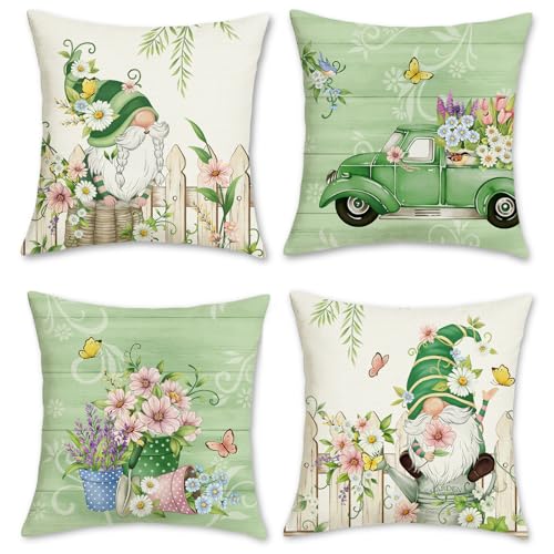 Bonhause 4er Set Kissenbezüge Frühling Gnom 45 x 45 cm Blumen Blätter LKW Bauernhaus Grün Dekorative Kissenhülle Zierkissenbezüge für Sofa Zuhause Garten Outdoor Frühling Dekoration von Bonhause