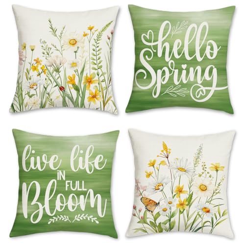 Bonhause 4er Set Kissenbezüge Frühling Hallo 45 x 45 cm Blumen Gelbe Weiße Grüne Blätter Dekorative Kissenhülle Zierkissenbezüge für Sofa Zuhause Garten Outdoor Frühling Dekoration von Bonhause