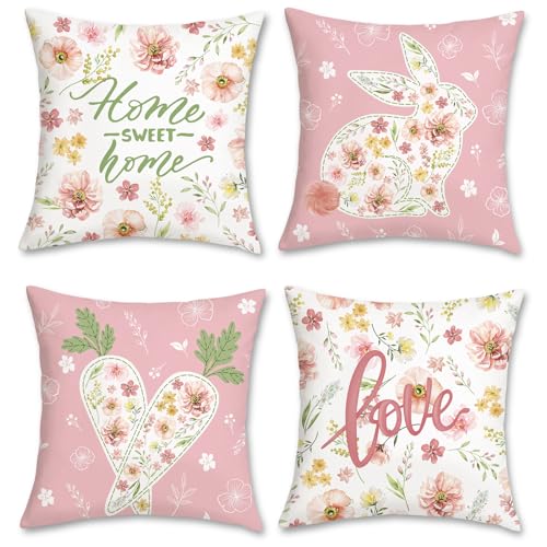 Bonhause 4er Set Kissenbezüge Rosa Blume 45 x 45 cm Hase Karotte Blumen Blätter Dekorative Kissenhülle Zierkissenbezüge für Sofa Zuhause Garten Dekoration von Bonhause