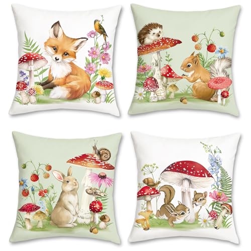 Bonhause 4er Set Kissenbezüge Waldtier 45 x 45 cm Fuchs Kaninchen Eichhörnchen Pilz Dekorative Kissenhülle Zierkissenbezüge für Sofa Garten Kinder Baby Kinderzimmer Dekoration von Bonhause