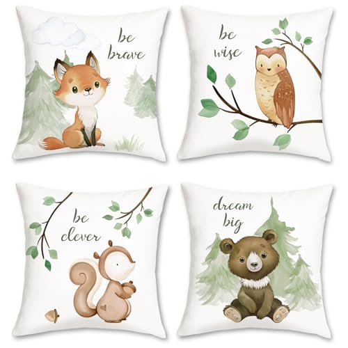 Bonhause 4er Set Kissenbezüge Waldtiere 45 x 45 cm Fuchs Bär Eichhörnchen Eule Samt Soft Dekorative Kissenhülle Zierkissenbezüge für Kinder Babyzimmer Dekoration von Bonhause