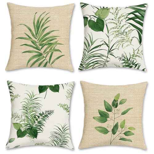 Bonhause 4er Set Kissenbezüge Blätter 45 x 45 cm Grüne Pflanze Botanisch Polyester Leinen Dekorative Kissenhülle Zierkissenbezüge für Sofa Schlafzimmer Wohnzimmer Zuhause Dekoration von Bonhause