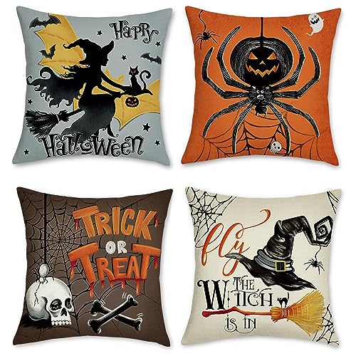 Bonhause 4er Set Kissenbezüge Halloween Gruseliges 45 x 45 cm Hexe Spinne Schädel Polyester Leinen Dekorative Kissenhülle Zierkissenbezüge für Sofa Wohnzimmer Zuhause Halloween Dekoration von Bonhause