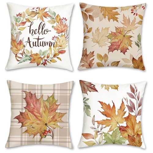 Bonhause 4er Set Kissenbezüge Herbst 45 x 45 cm Blätter Kranz Plaid Samt Soft Dekorative Kissenhülle Zierkissenbezüge für Sofa Schlafzimmer Garten Zuhause Dekoration von Bonhause