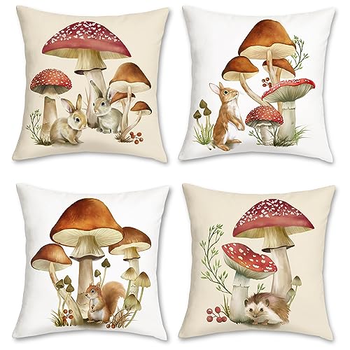 Bonhause 4er Set Kissenbezüge Pilz 45 x 45 cm Braun Rot Pilz Kaninchen Eichhörnchen Samt Soft Dekorative Kissenhülle Zierkissenbezüge für Sofa Schlafzimmer Garten Zuhause Dekoration von Bonhause