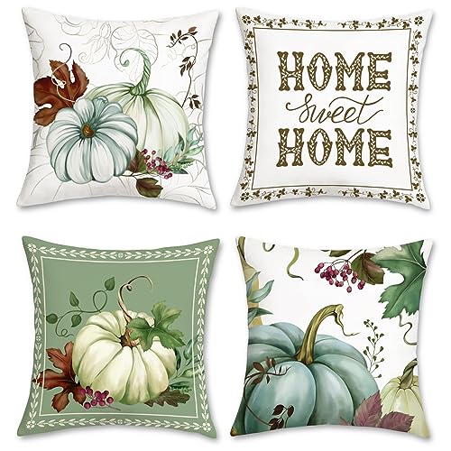 Bonhause 4er Set Kissenbezüge Kürbis 45 x 45 cm Erntedankfest Ernte Herbst Blätter Samt Soft Dekorative Kissenhülle Herbst Zierkissenbezüge für Sofa Schlafzimmer Wohnzimmer Auto Zuhause Dekoration von Bonhause