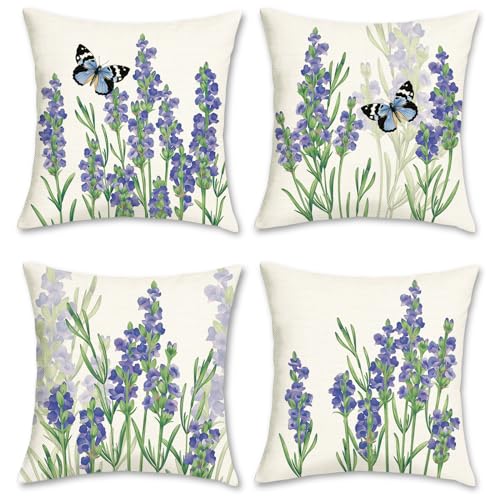 Bonhause 4er Set Kissenbezüge Lila Blumen Lavendel 45 x 45 cm Polyester Leinen Dekorative Frühling Kissenhülle Zierkissenbezüge für Sofa Schlafzimmer Wohnzimmer Auto Zuhause Dekoration von Bonhause