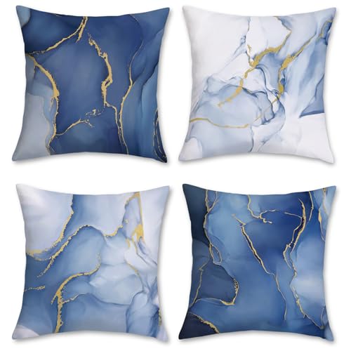 Bonhause 4er Set Kissenbezüge Marmor Blau 45 x 45 cm Abstrakte Blau Gold Moderne Samt Soft Dekorative Kissenhülle Blau Zierkissenbezüge für Sofa Schlafzimmer Wohnzimmer Zuhause Dekoration von Bonhause