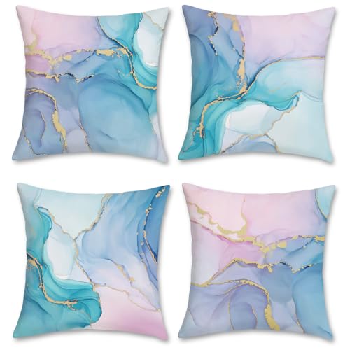 Bonhause 4er Set Kissenbezüge Marmor Bunt 45 x 45 cm Rosa Lila Blau Türkis Aquarell Abstrakt Modern Dekorative Kissenhülle Zierkissenbezüge für Sofa Schlafzimmer Zuhause Dekoration von Bonhause