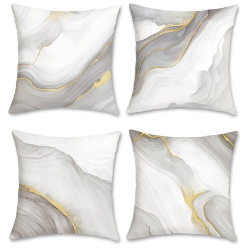 Bonhause 4er Set Kissenbezüge Marmor Grau Gold 45 x 45 cm Moderne Abstrakte Marmor Textur Dekorative Kissenhülle Zierkissenbezüge für Sofa Schlafzimmer Zuhause Dekoration von Bonhause