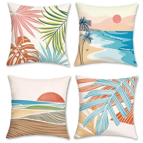 Bonhause 4er Set Kissenbezüge Moderne Tropische Blätter Strand Sonnenaufgang 45 x 45 cm Samt Soft Sommer Dekorative Kissenhülle Zierkissenbezüge für Sofa Schlafzimmer Wohnzimmer Zuhause Dekoration von Bonhause