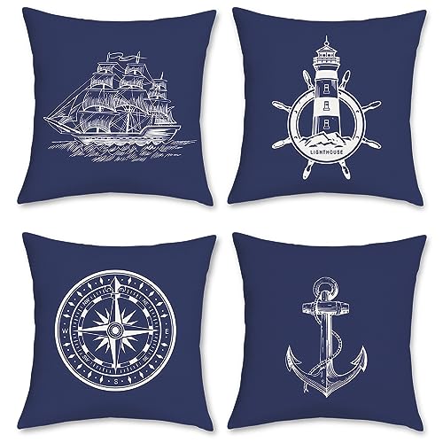 Bonhause 4er Set Kissenbezüge Nautisch Maritim 40 x 40 cm Doppelseitig Anker Kompass Segelboot Polyester Leinen Dekorative Kissenhülle Zierkissenbezüge für Sofa Wohnzimmer Zuhause Dekoration von Bonhause