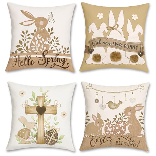 Bonhause 4er Set Kissenbezüge Frühling 45 x 45 cm Braun Hase Kreuz Frühling Dekorative Kissenhülle Khaki Zierkissenbezüge für Sofa Zuhause Dekoration von Bonhause