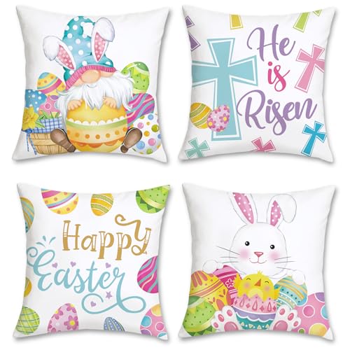 Bonhause 4er Set Kissenbezüge Ostern Frohe 45 x 45 cm Ostereier Hase Gnom Frühling Dekorative Kissenhülle Zierkissenbezüge für Sofa Schlafzimmer Zuhause Frühling Ostern Dekoration von Bonhause