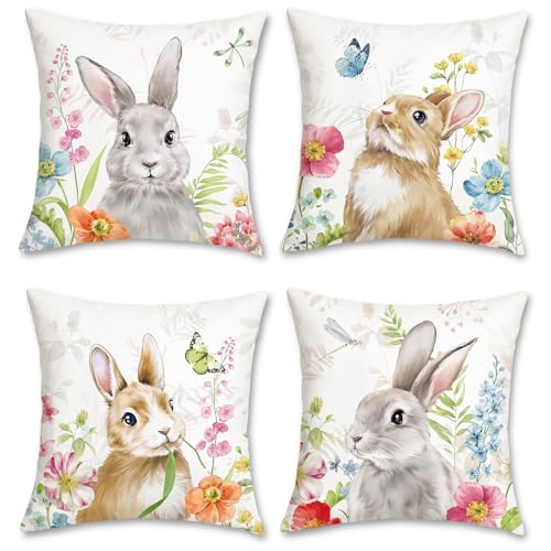 Bonhause 4er Set Kissenbezüge Hase 45 x 45 cm Grau Braun Kaninchen Blumen Dekorative Kissenhülle Zierkissenbezüge für Sofa Schlafzimmer Zuhause Garten Dekoration von Bonhause