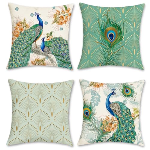 Bonhause 4er Set Kissenbezüge Pfau Gün Pfauenfeder 45 x 45 cm Polyester Leinen Dekorative Kissenhülle Zierkissenbezüge für Sofa Schlafzimmer Wohnzimmer Auto Zuhause Dekoration von Bonhause