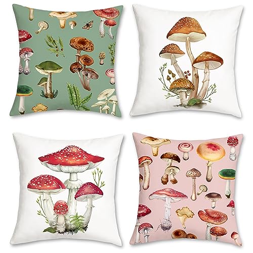 Bonhause 4er Set Kissenbezüge Pilz 45 x 45 cm Braun Rot Pilz Modern Samt Soft Dekorative Kissenhülle Grün Rosa Zierkissenbezüge für Sofa Wohnzimmer Schlafzimmer Garten Zuhause Dekoration von Bonhause