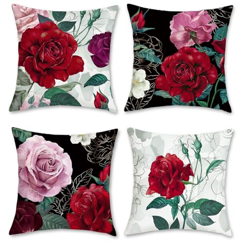 Bonhause 4er Set Kissenbezüge Rote Rose Blumen 45 x 45 cm Samt Soft Dekorative Kissenhülle Zierkissenbezüge für Sofa Schlafzimmer Wohnzimmer Auto Zuhause Dekoration von Bonhause