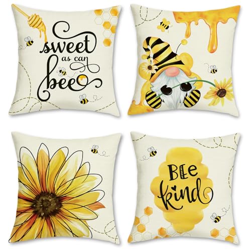 Bonhause 4er Set Kissenbezüge Biene 45 x 45 cm Honig Sonnenblume Polyester Leinen Dekorative Kissenhülle Gelb Zierkissenbezüge für Garten Outdoor Sofa Wohnzimmer Zuhause Dekoration von Bonhause