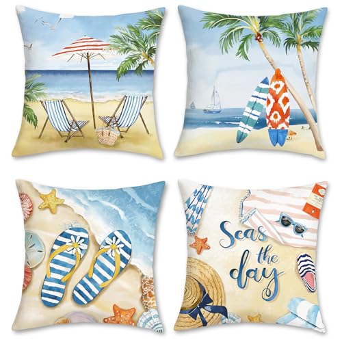 Bonhause 4er Set Kissenbezüge Strand 45 x 45 cm Seestern Surfbrett Palme Meer Landschaft Samt Soft Dekorative Kissenhülle Zierkissenbezüge für Sofa Wohnzimmer Zuhause Outdoor Dekoration von Bonhause