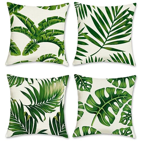 Bonhause 4er Set Kissenbezüge Tropische Blätter 40 x 40 cm Palmblätter Pflanze Polyester Leinen Dekorative Kissenhülle Grün Zierkissenbezüge für Garten Outdoor Wohnzimmer Zuhause Dekoration von Bonhause