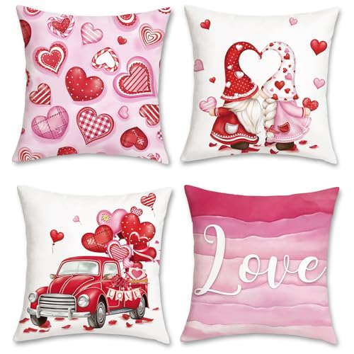 Bonhause 4er Set Kissenbezüge Valentinstag 45 x 45 cm Rosa Liebesherz Gnom LKW Dekorative Kissenhülle Zierkissenbezüge für Sofa Zuhause Jahrestag Hochzeit Valentinstag Dekoration von Bonhause