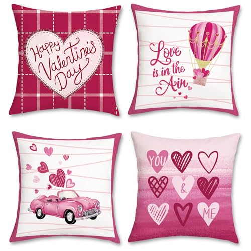 Bonhause 4er Set Kissenbezüge Valentinstag 45 x 45 cm Rosa Liebesherz LKW Dekorative Kissenhülle Zierkissenbezüge für Sofa Schlafzimmer Valentinstag Zuhause Dekoration von Bonhause