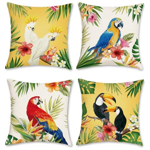 Bonhause 4er Set Kissenbezüge Vögel Tukan Tropische 45 x 45 cm Papageien Blumen Blätter Polyester Leinen Dekorative Kissenhülle Zierkissenbezüge für Sofa Garten Outdoor Zuhause Dekoration von Bonhause