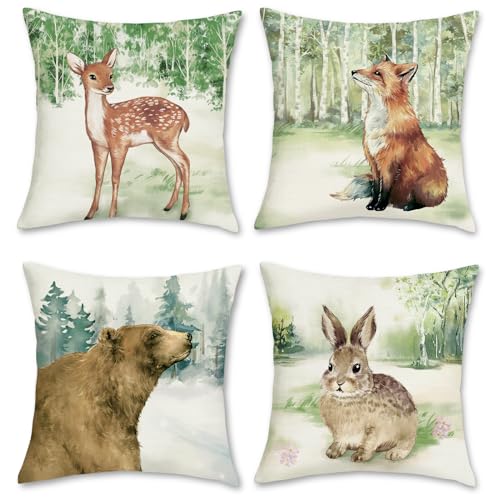 Bonhause 4er Set Kissenbezüge Waldtiere 45 x 45 cm REH Fuchs Kaninchen Polyester Leinen Dekorative Kissenhülle Zierkissenbezüge für Sofa Schlafzimmer Wohnzimmer Garten Outdoor Zuhause Dekoration von Bonhause