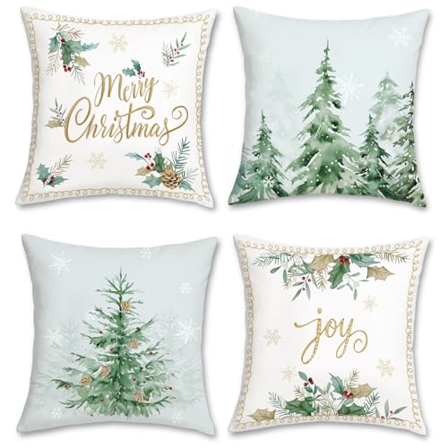 Bonhause 4er Set Kissenbezüge Weihnachten Baum 45 x 45 cm Grün Kiefer Schneeflocke Joy Xmas Samt Soft Dekorative Kissenhülle Zierkissenbezüge für Sofa Schlafzimmer Feiertag Dekoration von Bonhause