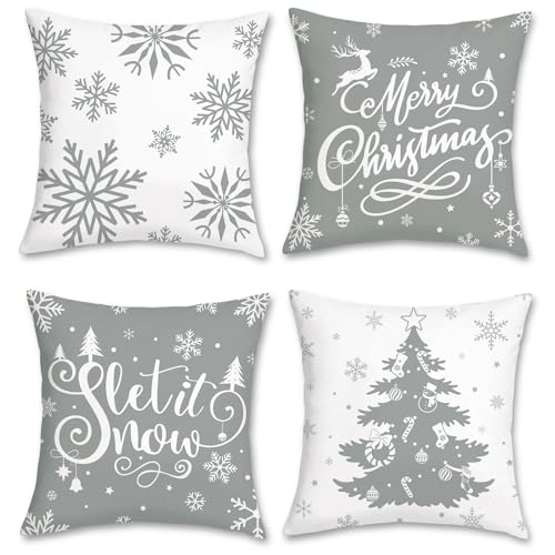 Bonhause 4er Set Kissenbezüge Weihnachten Graue und Weiße 45 x 45 cm Grau Winter Schneeflocke Xmas Samt Soft Dekorative Kissenhülle Zierkissenbezüge für Sofa Feiertag Xmas Dekoration von Bonhause