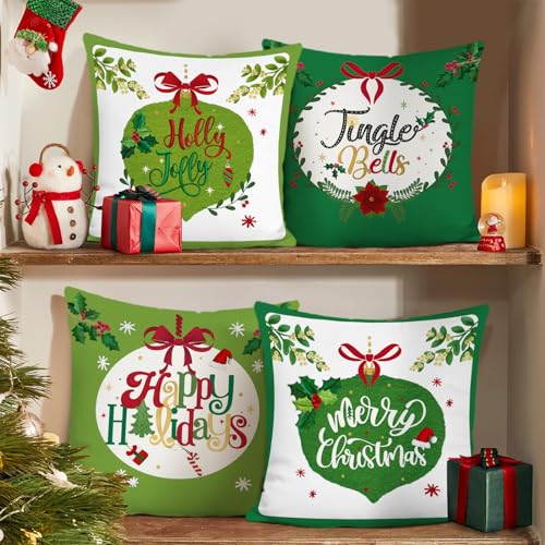 Bonhause 4er Set Kissenbezüge Weihnachten Grün 45 x 45 cm Frohe Weihnachten Holly Jolly Samt Soft Dekorative Kissenhülle Zierkissenbezüge für Sofa Schlafzimmer Feiertag Dekoration von Bonhause