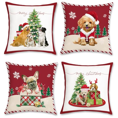 Bonhause 4er Set Kissenbezüge Weihnachten Hund 45 x 45 cm Xmas Schöner Hund Rot Samt Soft Dekorative Kissenhülle Zierkissenbezüge für Sofa Schlafzimmer Zuhause Winterurlaub Dekoration von Bonhause