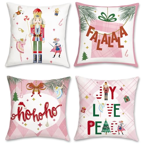 Bonhause 4er Set Kissenbezüge Weihnachten Nussknacker 45 x 45 cm Rosa Winterurlaub Partei Samt Soft Dekorative Kissenhülle Rosa Xmas Zierkissenbezüge für Sofa Schlafzimmer Xmas Dekoration von Bonhause