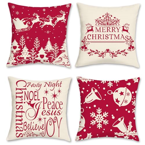 Bonhause 4er Set Kissenbezüge Weihnachten Rentier 45 x 45 cm Schneeflocke Rot Polyester Leinen Dekorative Kissenhülle Zierkissenbezüge für Sofa Schlafzimmer Wohnzimmer Weihnachten von Bonhause