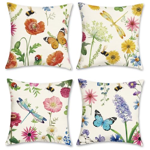 Bonhause 4er Set Kissenbezüge Blumen Garten 45 x 45 cm Polyester Leinen Wilde Blume Dekorative Kissenhülle Sommer Zierkissenbezüge für Sofa Schlafzimmer Wohnzimmer Auto Zuhause Dekoration von Bonhause