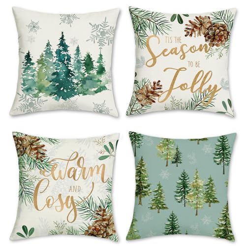 Bonhause 4er Set Kissenbezüge Winter Kiefer 45 x 45 cm Doppelseitig Polyester Leinen Dekorative Kissenhülle Zierkissenbezüge für Sofa Schlafzimmer Zuhause Winter Dekoration von Bonhause