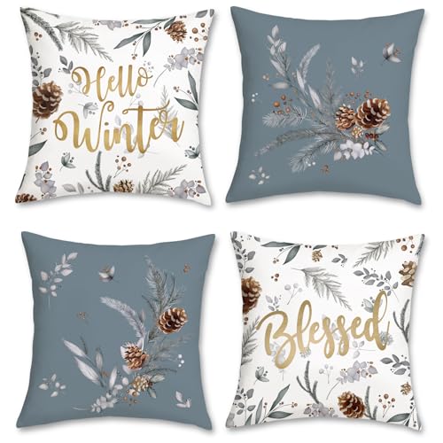 Bonhause 4er Set Kissenbezüge Winter Grau 45 x 45 cm Grau Tannenzapfen Kiefer Blätter Samt Soft Dekorative Kissenhülle Zierkissenbezüge für Sofa Schlafzimmer Winter Dekoration von Bonhause